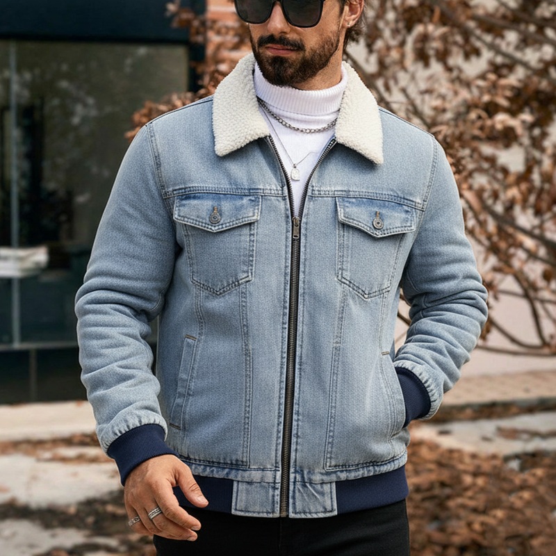 Men’s Retro Washed Fleece Collar Zipper Denim Jacket MTA2819J2X Light Blue