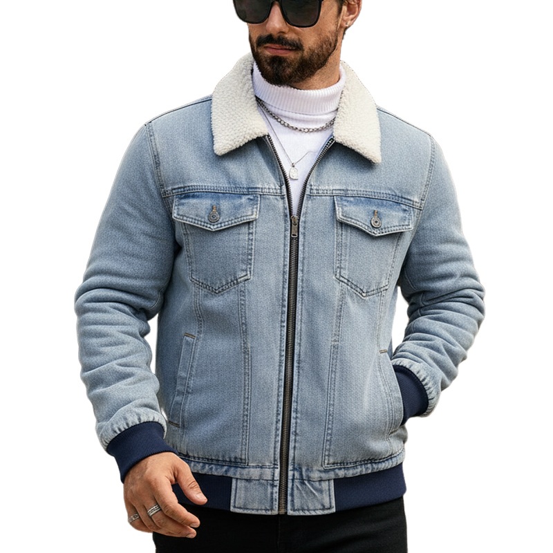 Men’s Retro Washed Fleece Collar Zipper Denim Jacket MTA2819J2X Light Blue