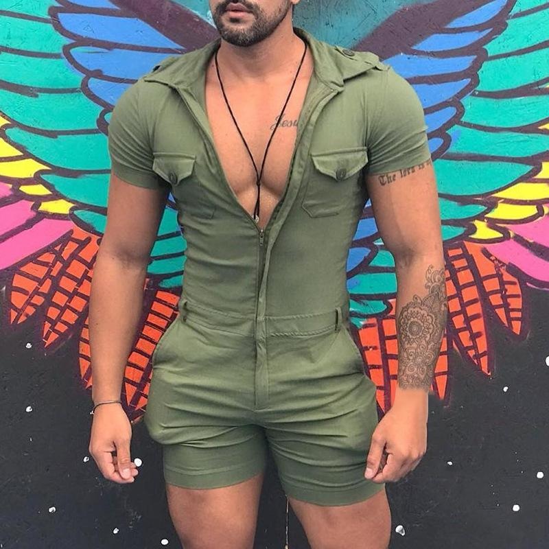Men’s Solid Color Zipper Short Sleeve Jumpsuit 21065818Y Army Green