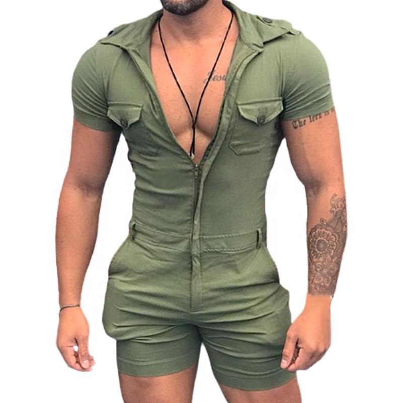 Men’s Solid Color Zipper Short Sleeve Jumpsuit 21065818Y Army Green