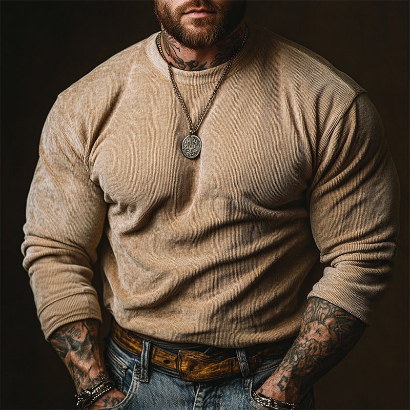 Men’s Retro Solid Color Crew Neck Corduroy Long Sleeve Sweatshirt MTA3036J3X Light khaki