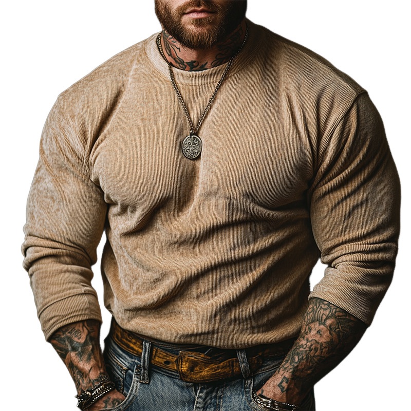 Men’s Retro Solid Color Crew Neck Corduroy Long Sleeve Sweatshirt MTA3036J3X Light khaki