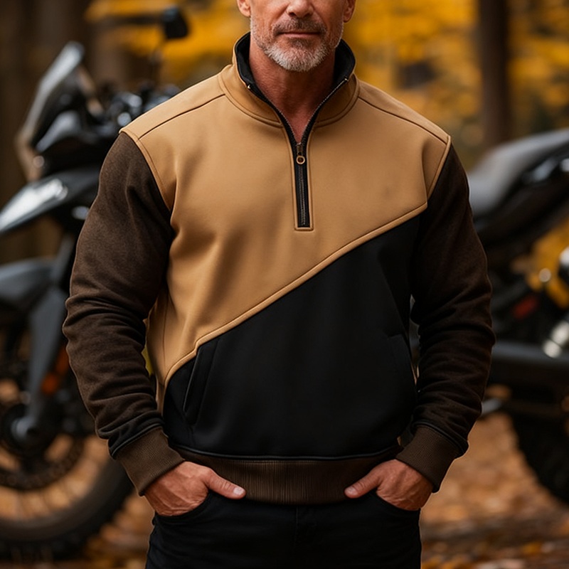 Men’s Winter Retro Color-block Patchwork Half-zip Warm Sweatshirt MTA2917J8P Brown