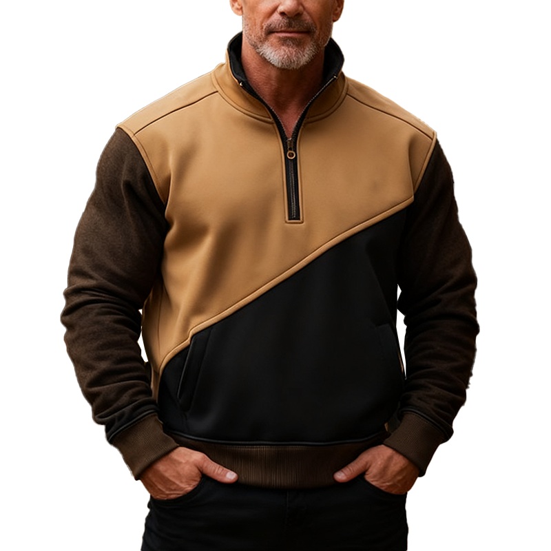 Men’s Winter Retro Color-block Patchwork Half-zip Warm Sweatshirt MTA2917J8P Brown
