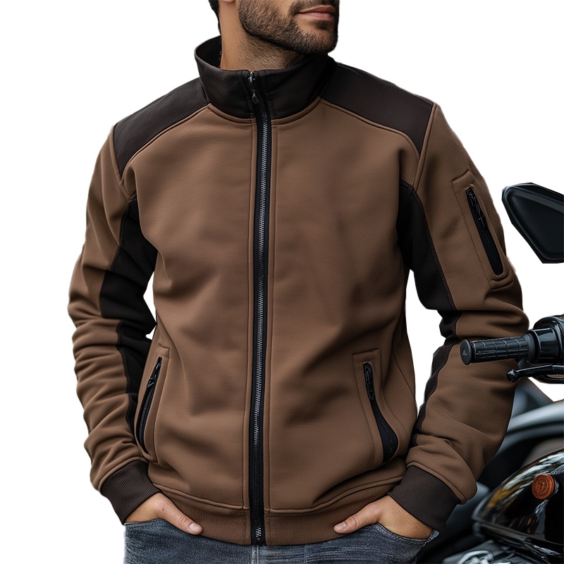Men’s Winter Retro Cotton Blend Patchwork Stand Collar Zipper Jacket MTA2998J0P Coffee