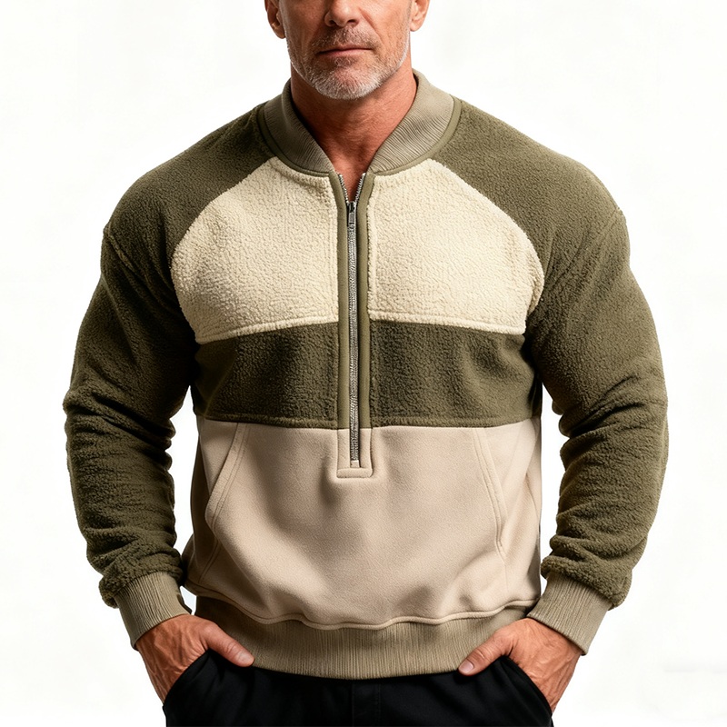 Men’s Winter Retro Fleece Patchwork Half-Zip Sweatshirt MTA2990J7P Army Green