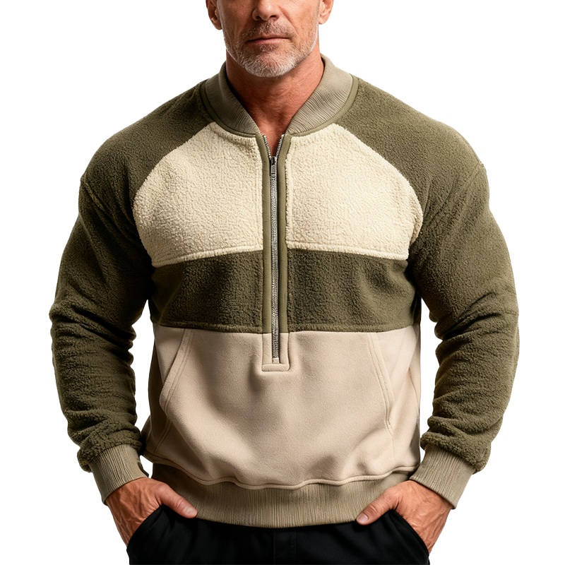 Men’s Winter Retro Fleece Patchwork Half-Zip Sweatshirt MTA2990J7P Army Green