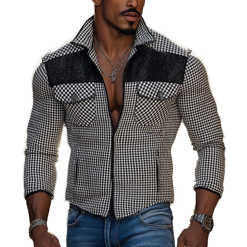 Men’s Winter Retro Houndstooth Lace Patchwork Jacket MTA3047J6P Houndstooth