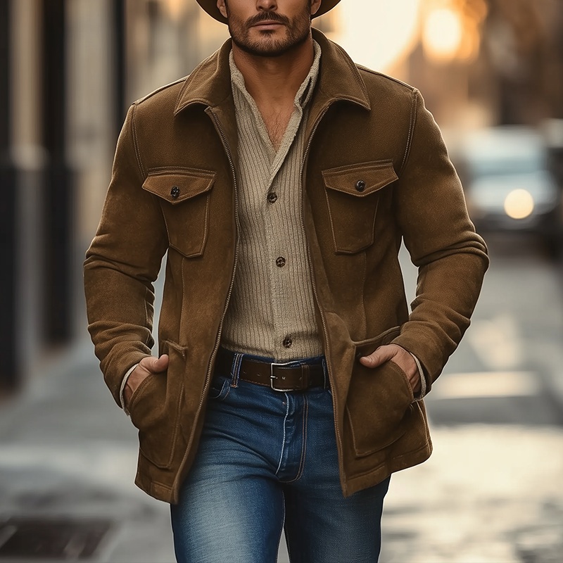 Men’s Winter Retro Solid Color Faux Suede Zip-up Coat MTA3054J1P Brown