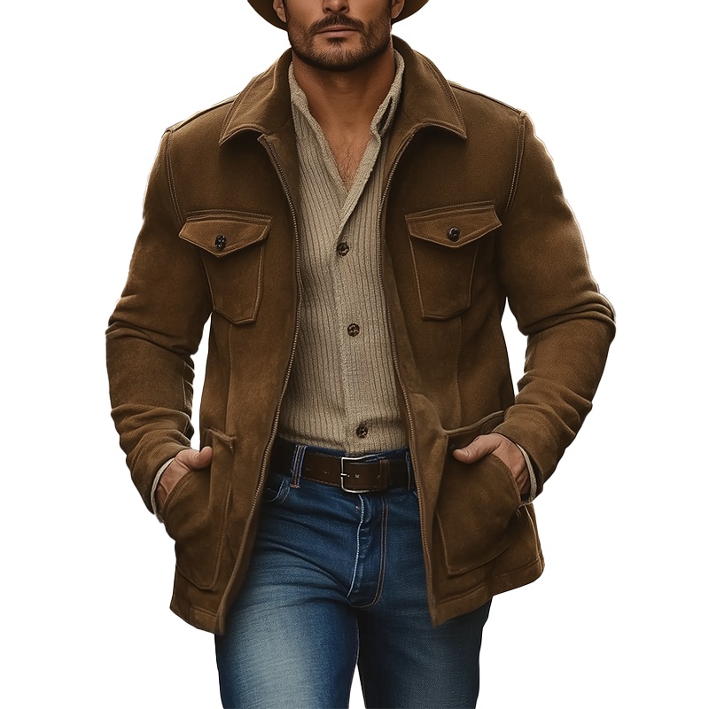 Men’s Winter Retro Solid Color Faux Suede Zip-up Coat MTA3054J1P Brown