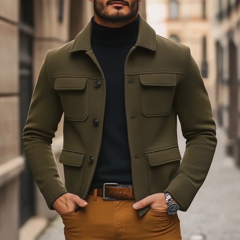 Men’s Winter Retro Solid Color Faux Wool Short Coat MTA3046J8P Army Green