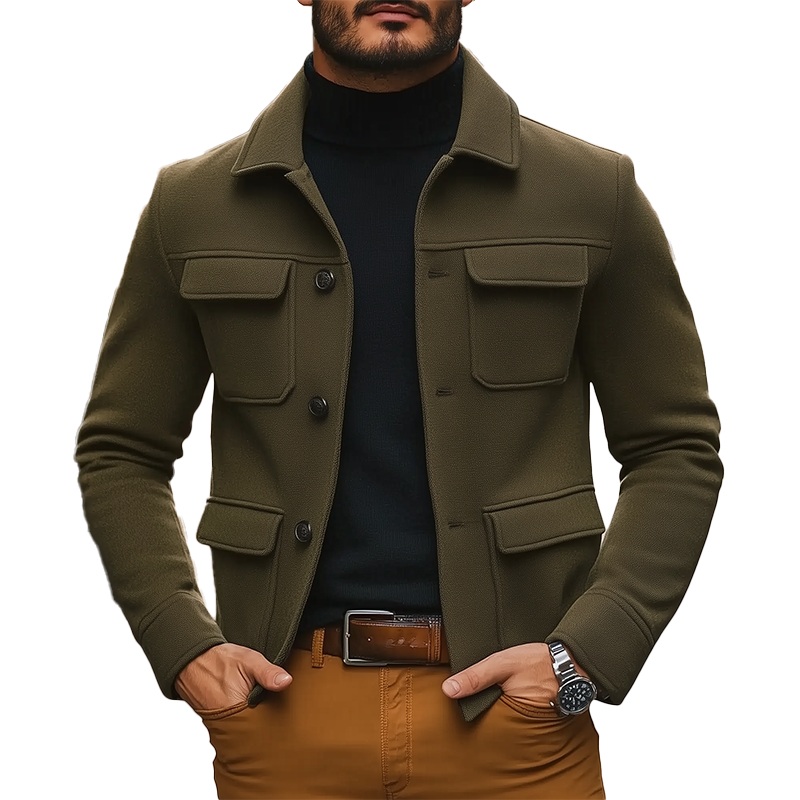 Men’s Winter Retro Solid Color Faux Wool Short Coat MTA3046J8P Army Green