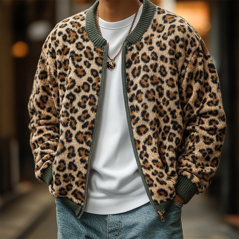 Men’s Casual Leopard Print Jacquard Crew Neck Knit Cardigan MTA3072J3X Khaki