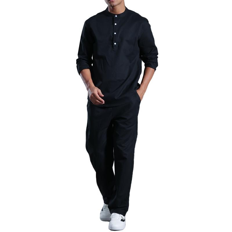 Men’s Solid Cotton And Linen Henley Collar Long Sleeve Shirt Trousers Casual Set 18150687Z Black