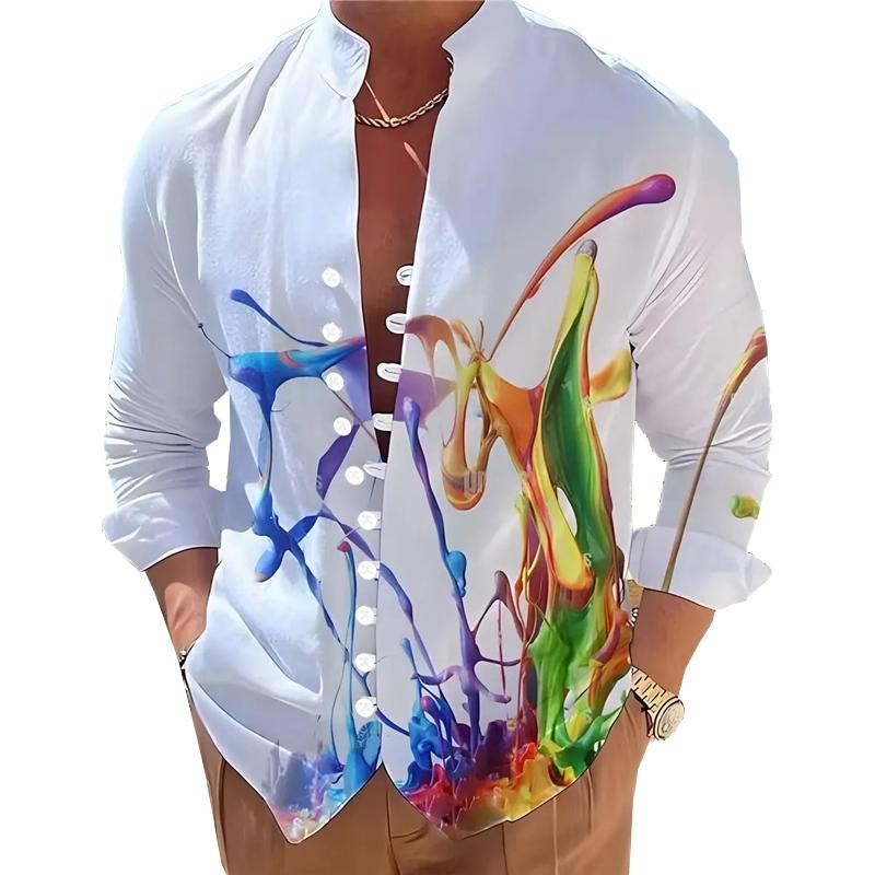 Men’s Stand Collar Button Printed Long Sleeve Shirt 19890785X White