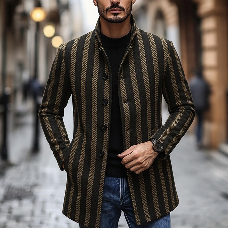 Men’s Blended Stand-up Collar Striped Printed Button Mid-length Coat MTA0100K5X Black