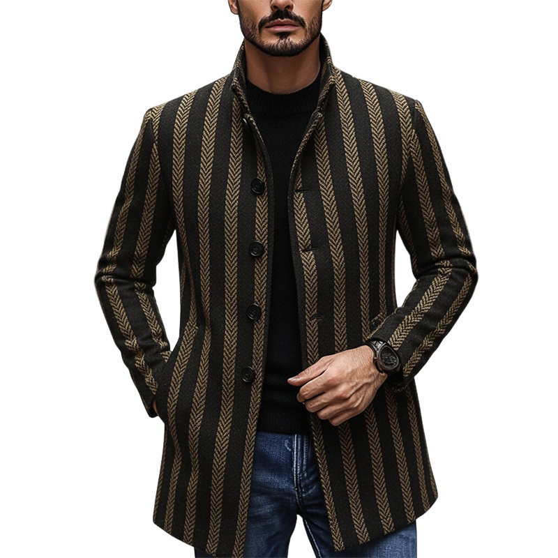 Men’s Blended Stand-up Collar Striped Printed Button Mid-length Coat MTA0100K5X Black