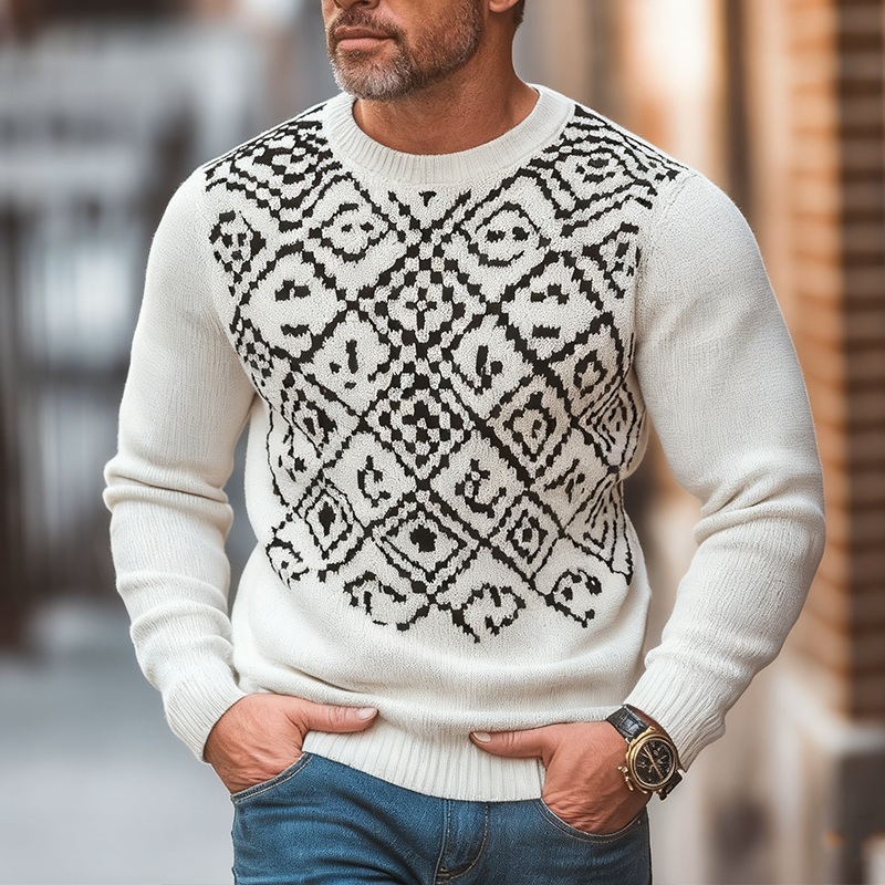 Men’s Retro Simple Knitted Jacquard Cotton Yarn Crew Neck Sweater MTA3098J3P White