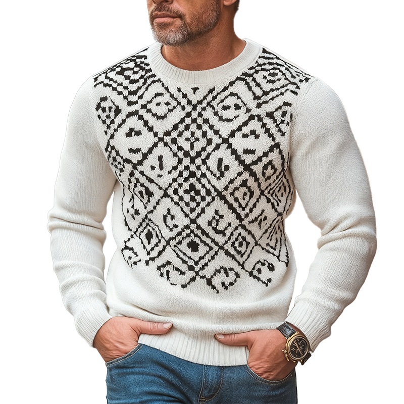 Men’s Retro Simple Knitted Jacquard Cotton Yarn Crew Neck Sweater MTA3098J3P White