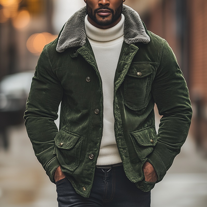 Men’s Winter Retro Glossy Corduroy Jacket With Detachable Fur Collar MTA0170K0P Green