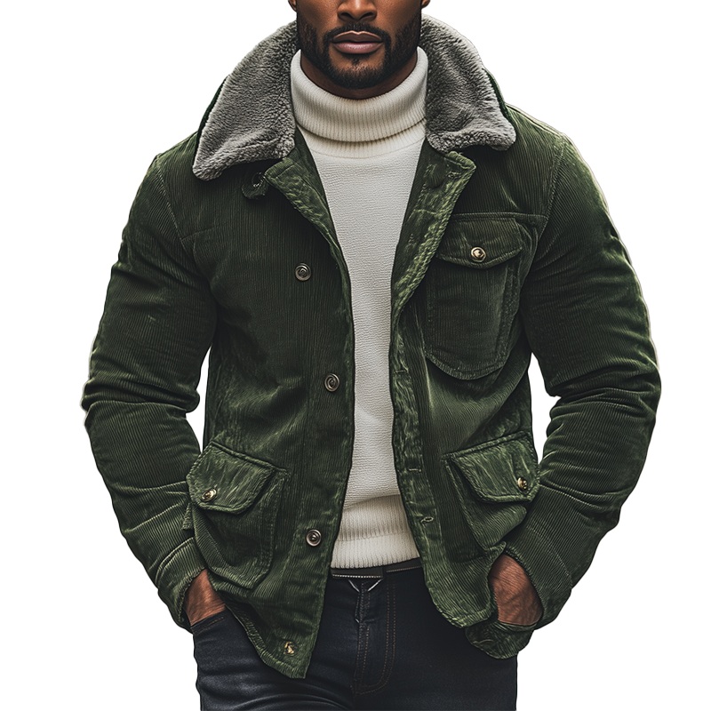 Men’s Winter Retro Glossy Corduroy Jacket With Detachable Fur Collar MTA0170K0P Green