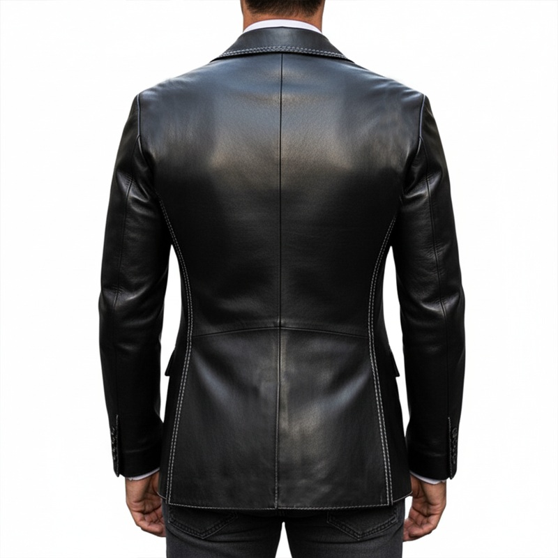 Men’s Business Black Double-Breasted Notched Lapel PU Leather Slim Blazer Black