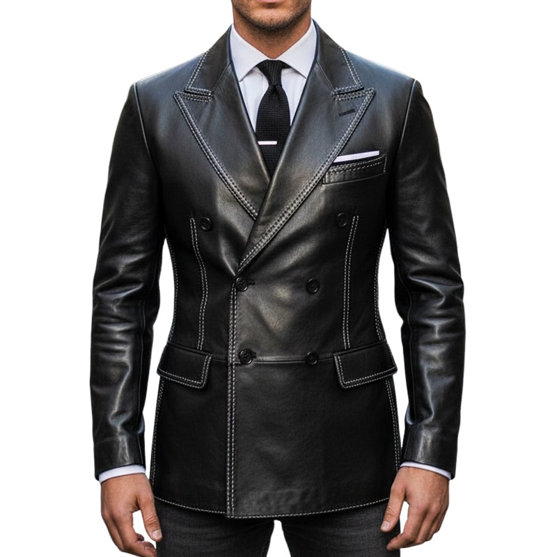 Men’s Business Black Double-Breasted Notched Lapel PU Leather Slim Blazer Black