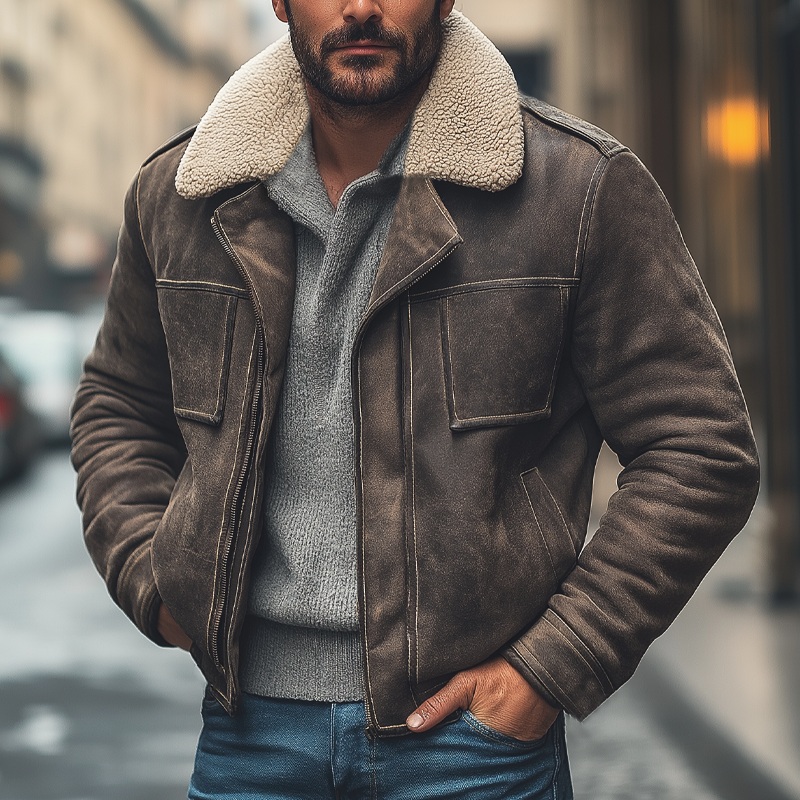 Men’s Winter Suede Patchwork Lamb’s Wool Collar Zip-up Jacket Jacket MTA0389K2U Photo Color