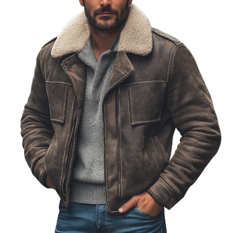 Men’s Winter Suede Patchwork Lamb’s Wool Collar Zip-up Jacket Jacket MTA0389K2U Photo Color