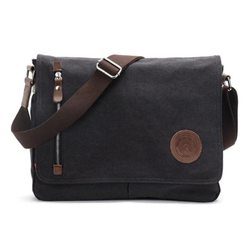 CASUAL DIAGONAL ZIP POCKET CANVAS BAG Black