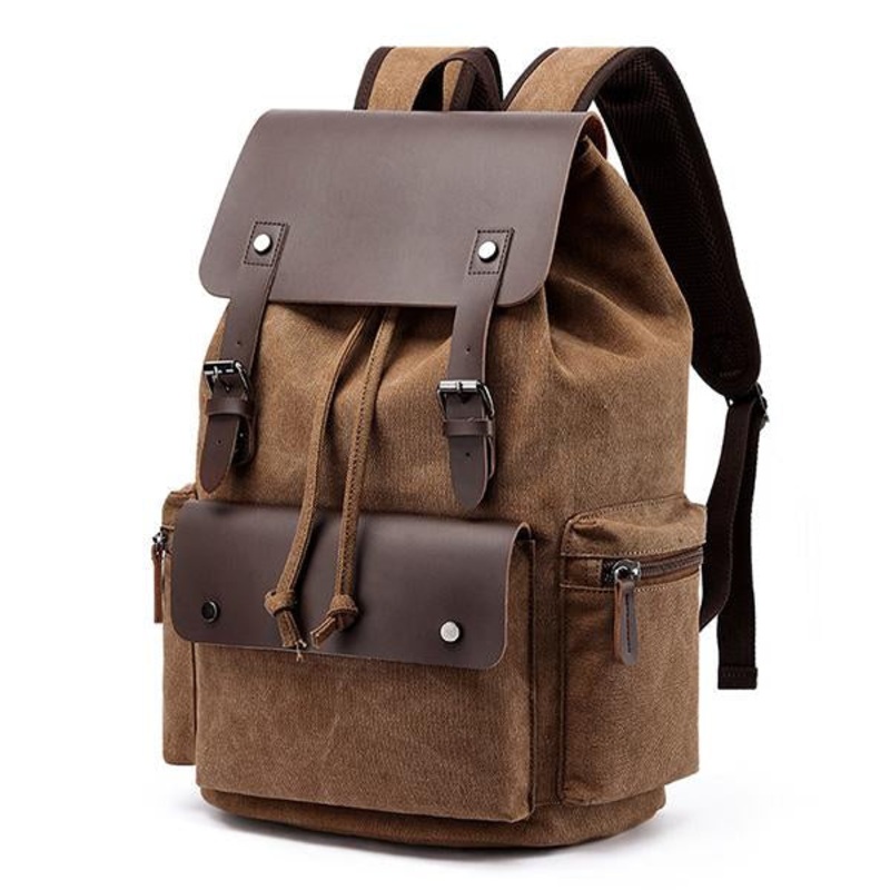 CASUAL FLAP LARGE CAPACITY LEATHER CANVAS BACKPACK Brown