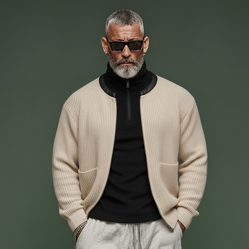 Men’s Classic Casual PU Leather Collar Zip-up Knit Cardigan MTA0390K2K Beige