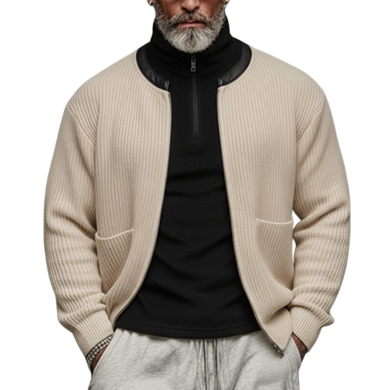 Men’s Classic Casual PU Leather Collar Zip-up Knit Cardigan MTA0390K2K Beige