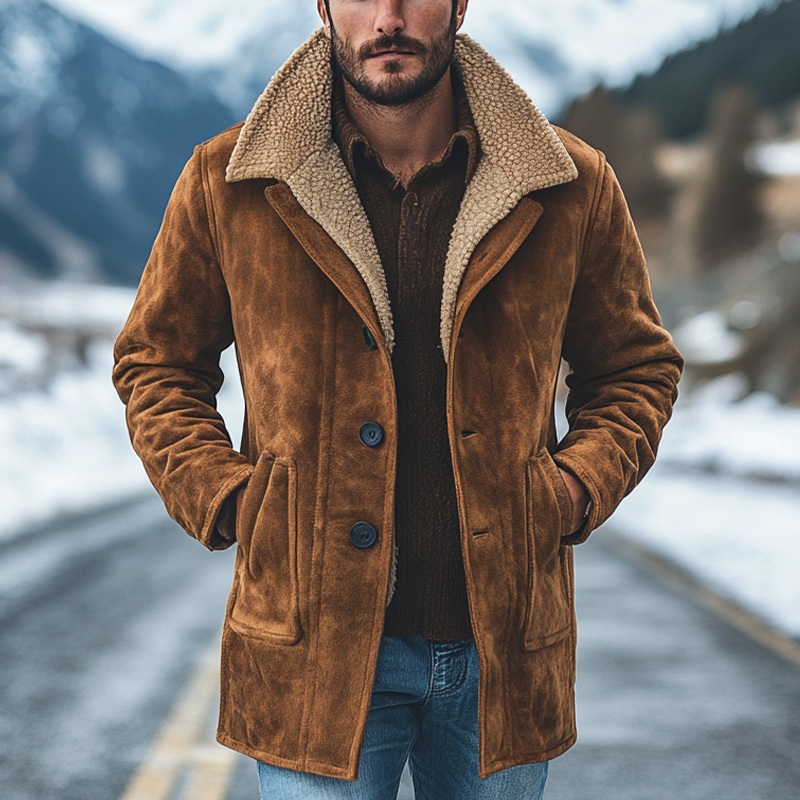 Men’s Retro Faux Suede Lapel Solid Color Pocket Mid-Length Coat MTA0306K2X Brown