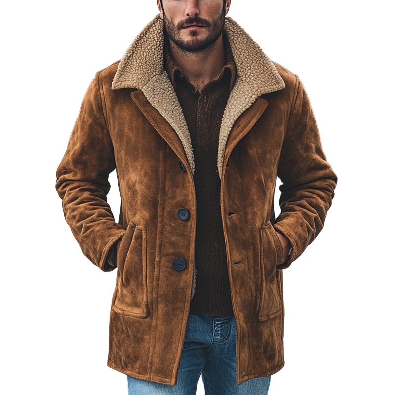 Men’s Retro Faux Suede Lapel Solid Color Pocket Mid-Length Coat MTA0306K2X Brown