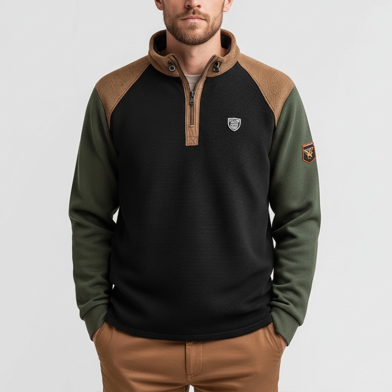 Men’s Winter Retro Color Block Waffle Texture Half-Zip High Neck Sweatshirt MTA2726J6P Black