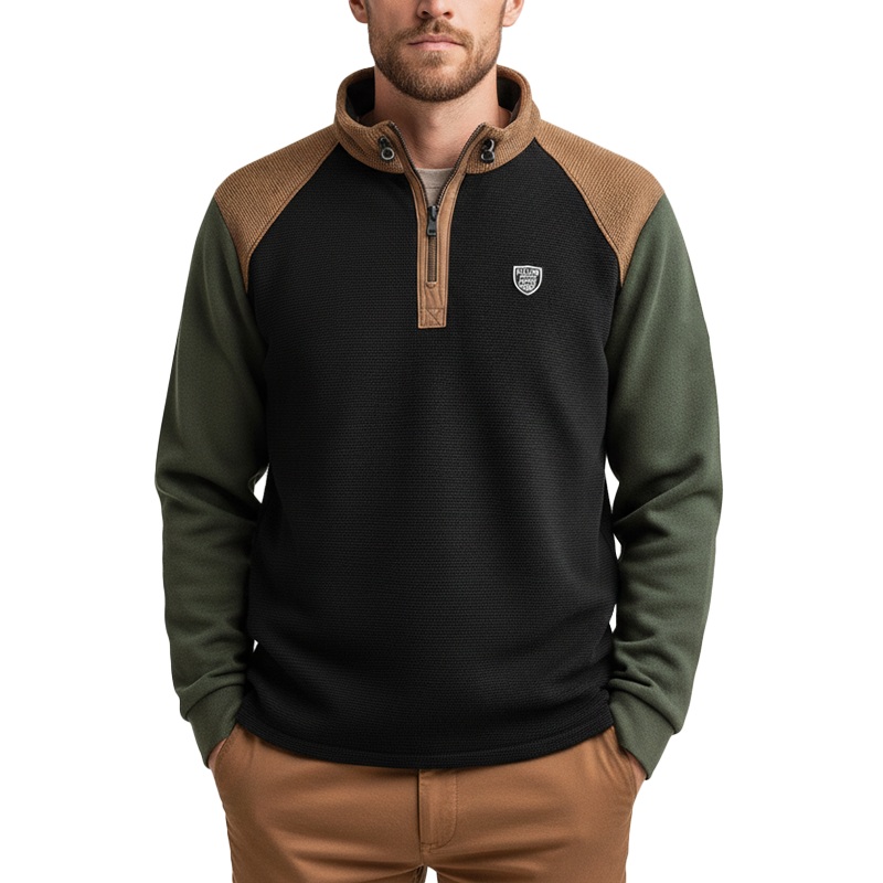 Men’s Winter Retro Color Block Waffle Texture Half-Zip High Neck Sweatshirt MTA2726J6P Black