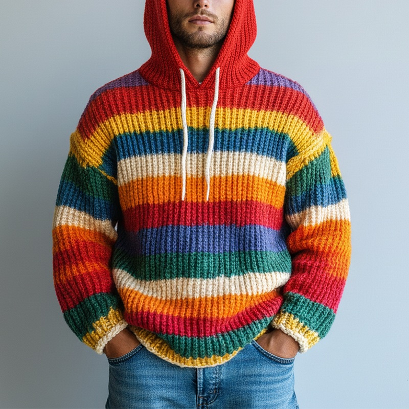Men’s Winter Retro Color-blocked Striped Cotton Hooded Sweater MTA0150K8P Photo Color