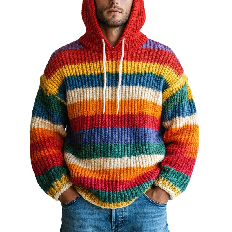 Men’s Winter Retro Color-blocked Striped Cotton Hooded Sweater MTA0150K8P Photo Color