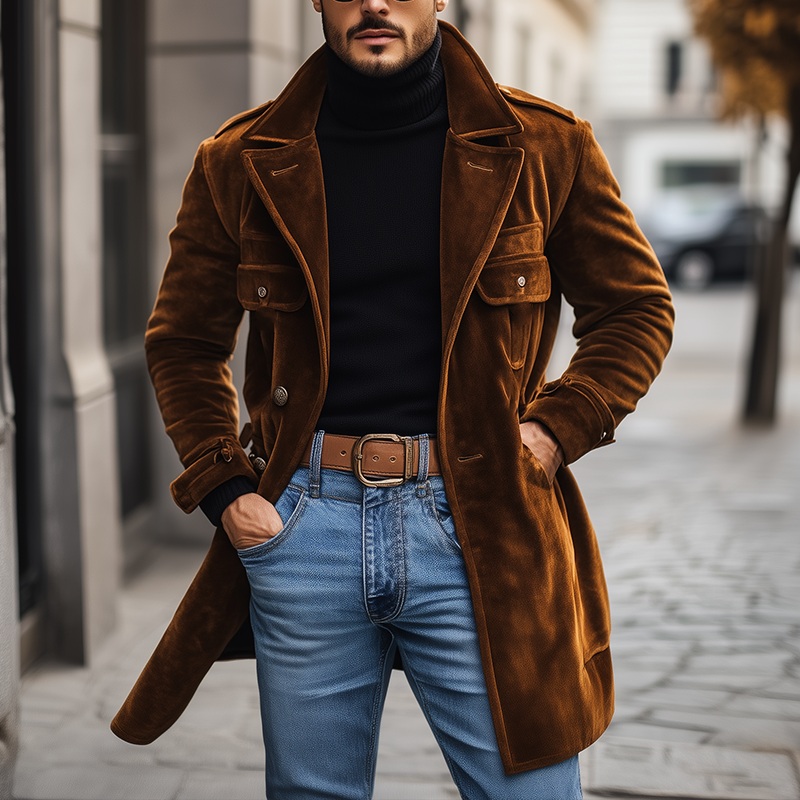 Men’s Winter Retro Glossy Velvet Lapel Mid-Length Coat MTA0357K2P Brown