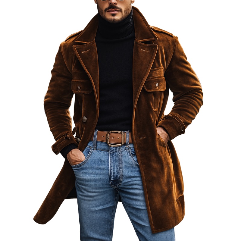 Men’s Winter Retro Glossy Velvet Lapel Mid-Length Coat MTA0357K2P Brown