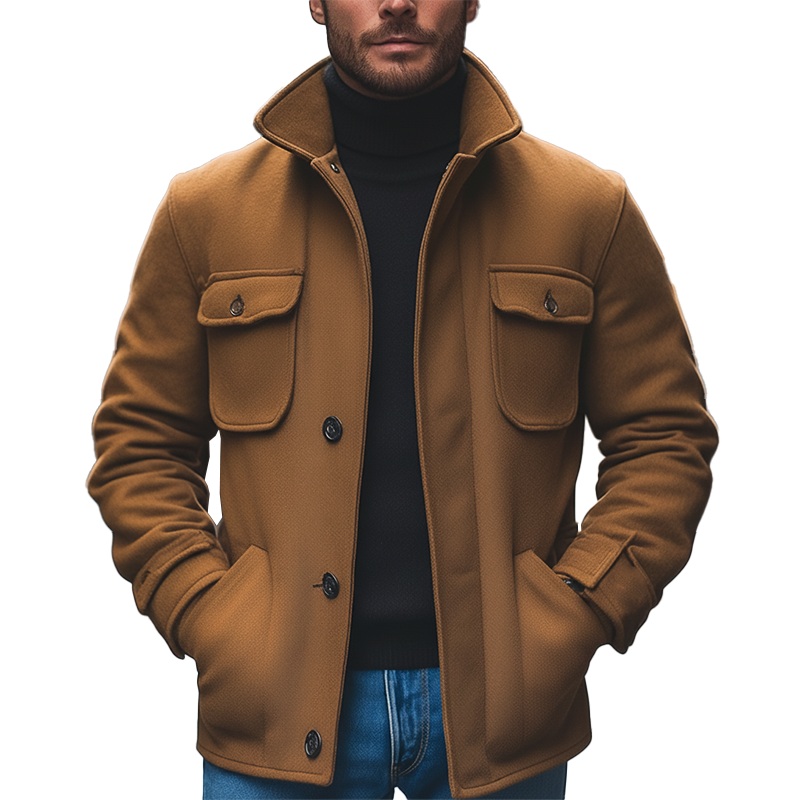 Men’s Winter Retro Solid Color Faux Wool Multi-pocket Stand Collar Coat MTA0356K7P Khaki