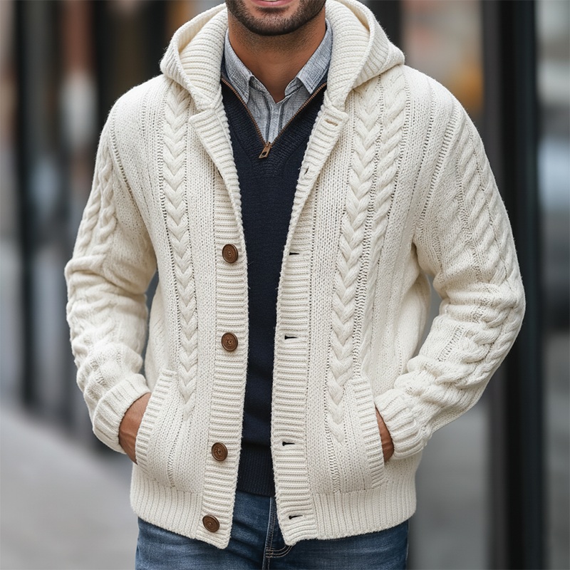 Men’s Winter Simple Cotton Yarn Knitted Hooded Cardigan MTA0325K0P White