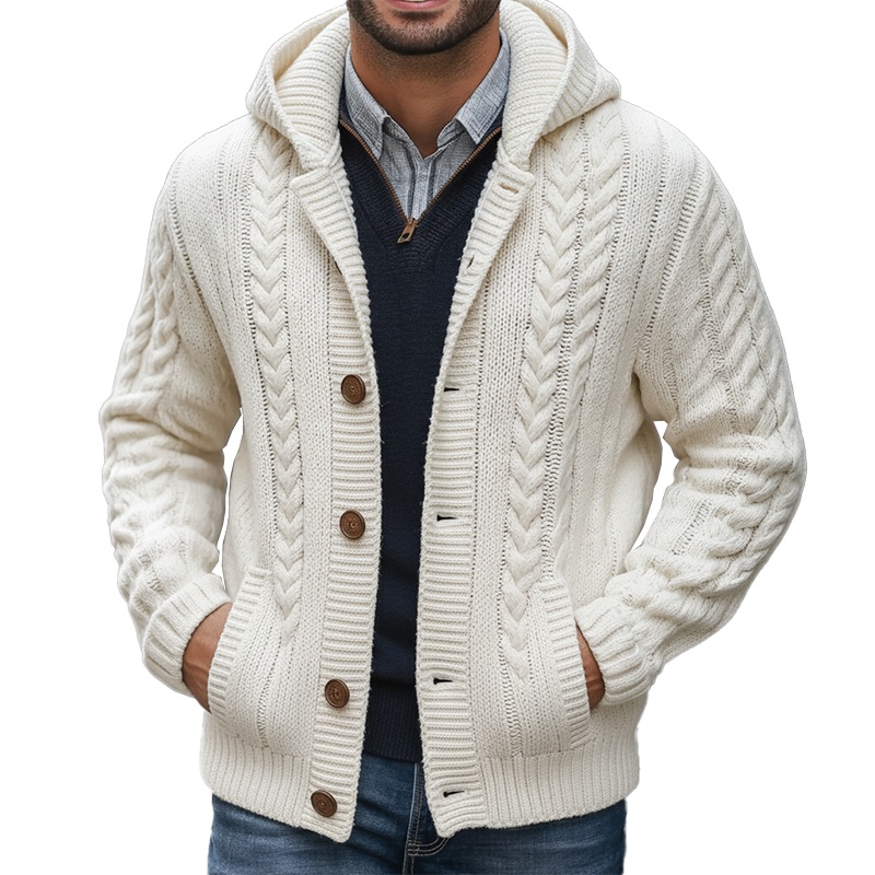 Men’s Winter Simple Cotton Yarn Knitted Hooded Cardigan MTA0325K0P White