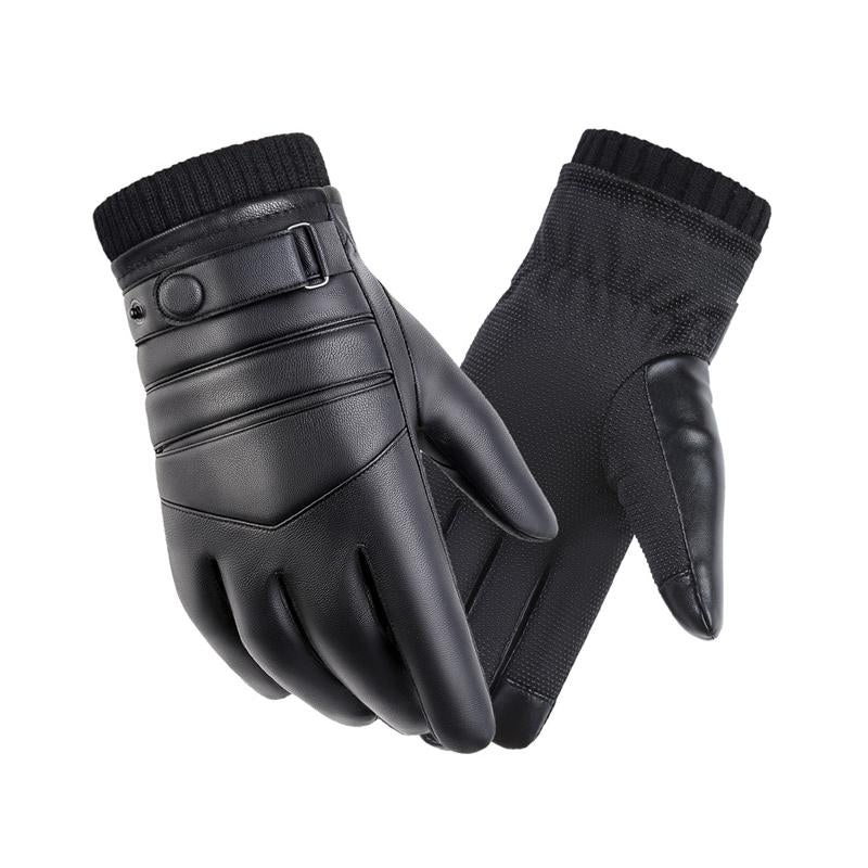 Men’s Leather Mountaineering Cycling Plush Thermal Gloves 11401157Y Black