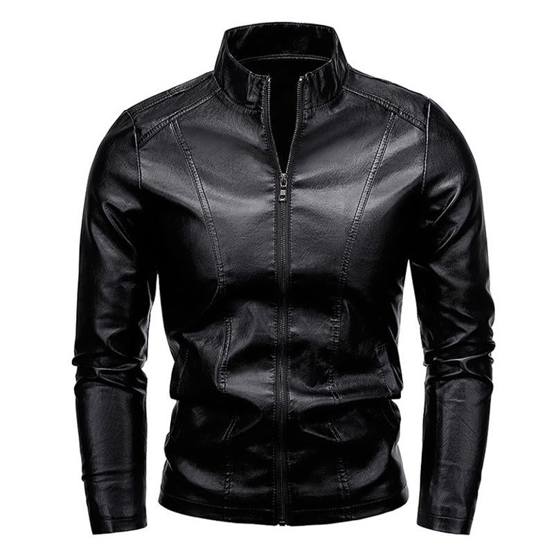 Men’s Stand Collar Zip Leather Jacket 28307494X Black