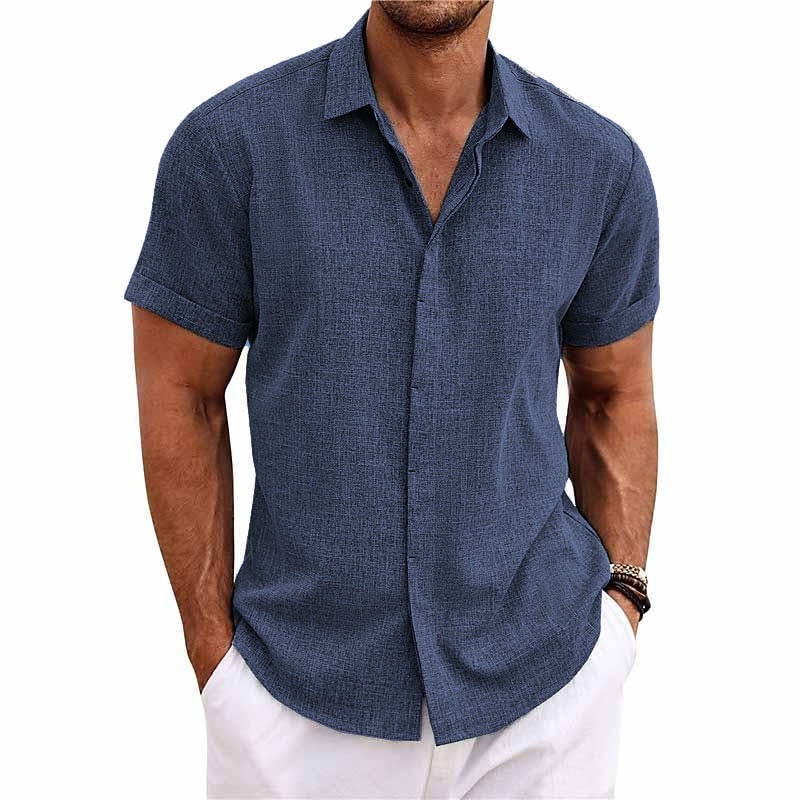 24-hour shipping outMen’s Solid Color Lapel Cotton Linen Short Sleeve Shirt 82339241X Gray