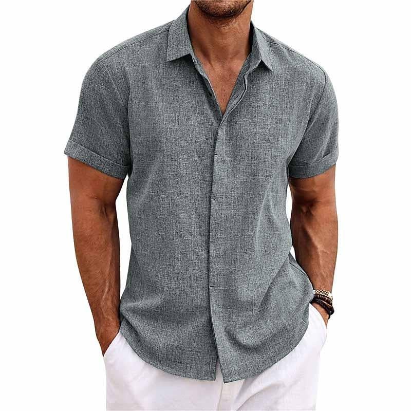 24-hour shipping outMen’s Solid Color Lapel Cotton Linen Short Sleeve Shirt 82339241X Gray