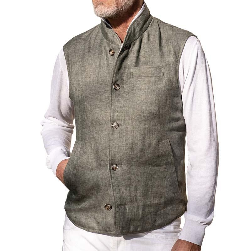 Men’s Casual Stand Collar Multi-Pocket Linen Single Breasted Vest 71856913M Gray