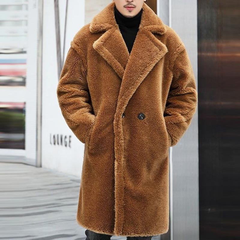 Men’s Warm Solid Color Teddy Plush Lapel Long Coat 00244387Y Brown